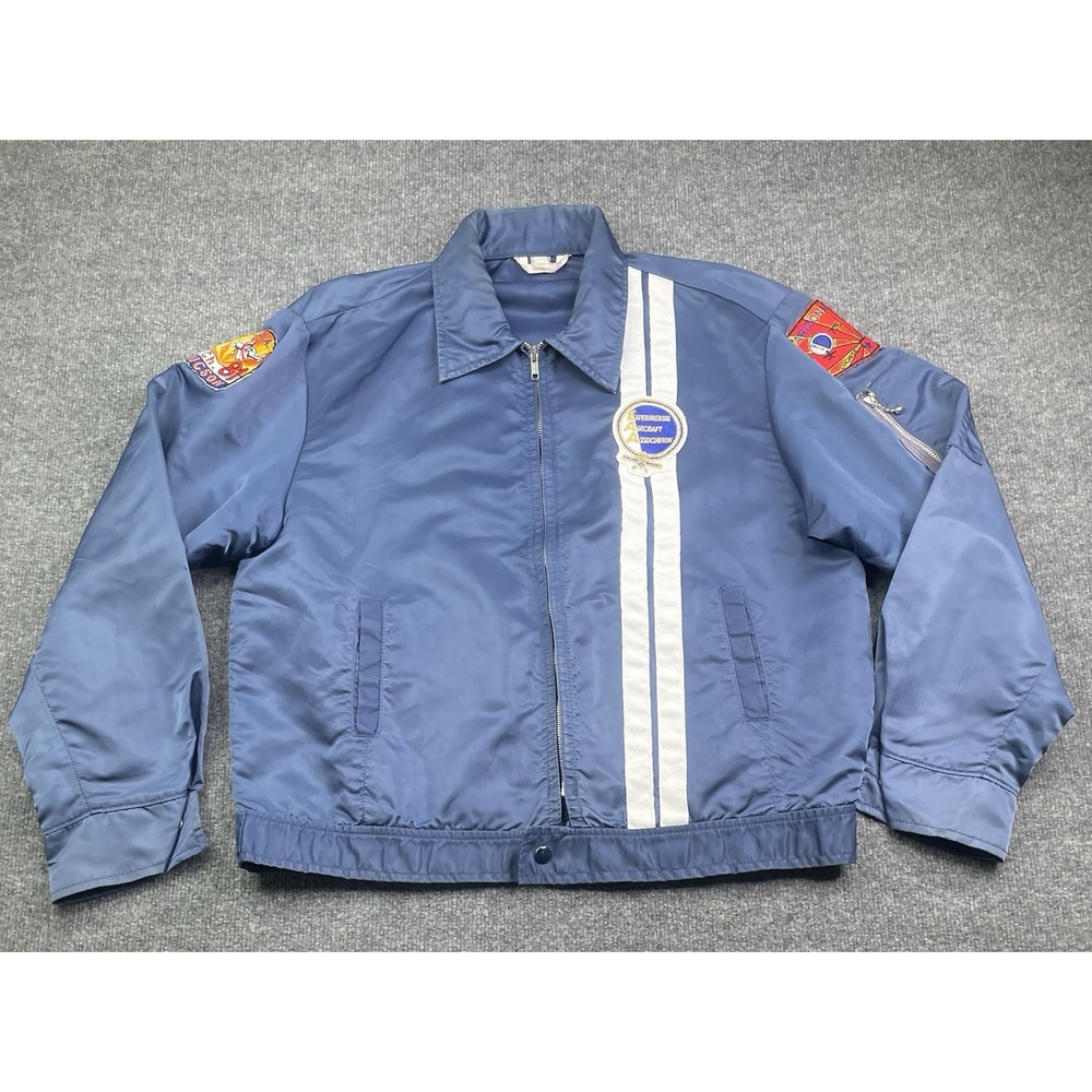 Vintage EAA Bomber Jacket Mens XL Blue Aviation Pilot Flight Patch Windbreaker